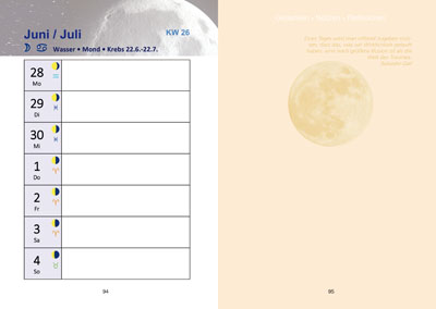 Seite aus Buchkalender: Kalendarium 2020 mit Mondphasen, Tierkreiszeichen und Seite für Gedanken und Notizen für jede Kalenderwoche