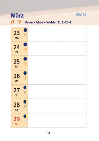 Seite aus Jahrbuch: Kalendarium 2020 mit Mondphasen und Tierkreiszeichent