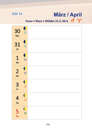 Seite aus Jahrbuch: Kalendarium 2020 mit Mondphasen und Tierkreiszeichent